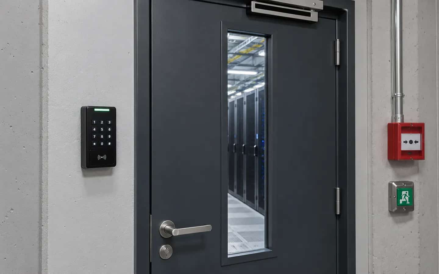AI-generated illustration of a data-centre entrance with access-control and emergency-release hardware