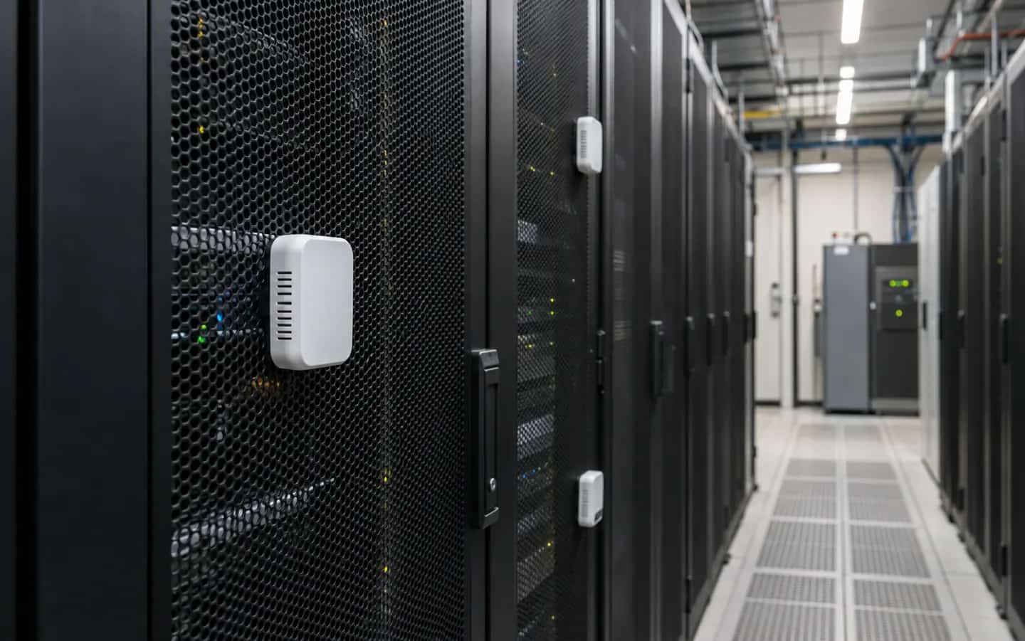AI-generated illustration of environmental monitoring sensors on data-centre racks