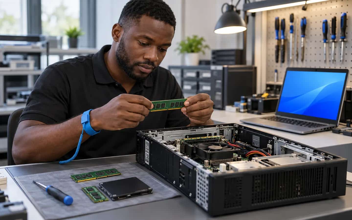 AI-generated illustration of desktop RAM and storage upgrade work