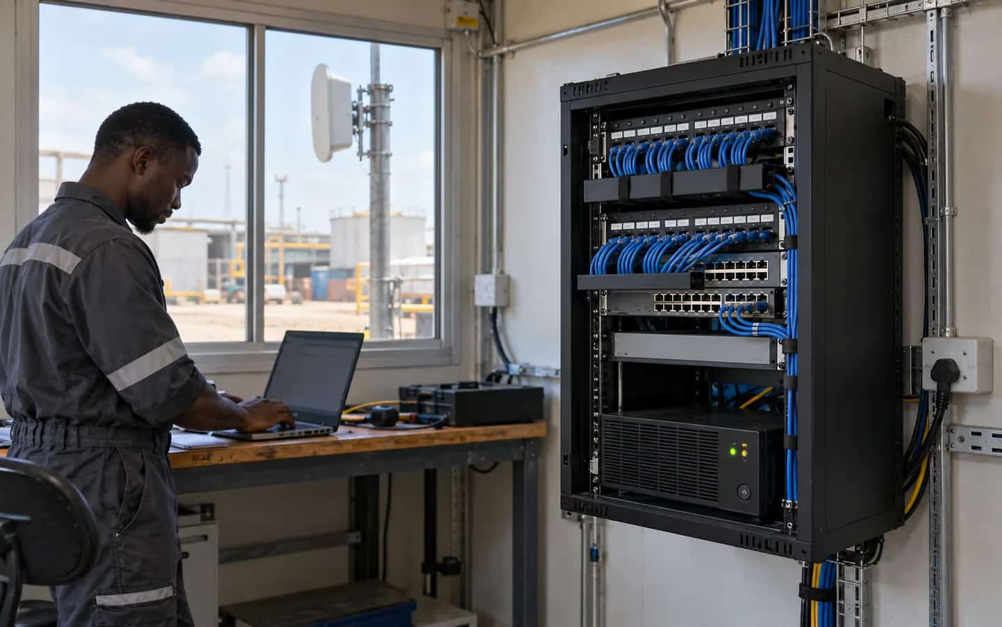 AI-generated illustration of a technician checking industrial network infrastructure