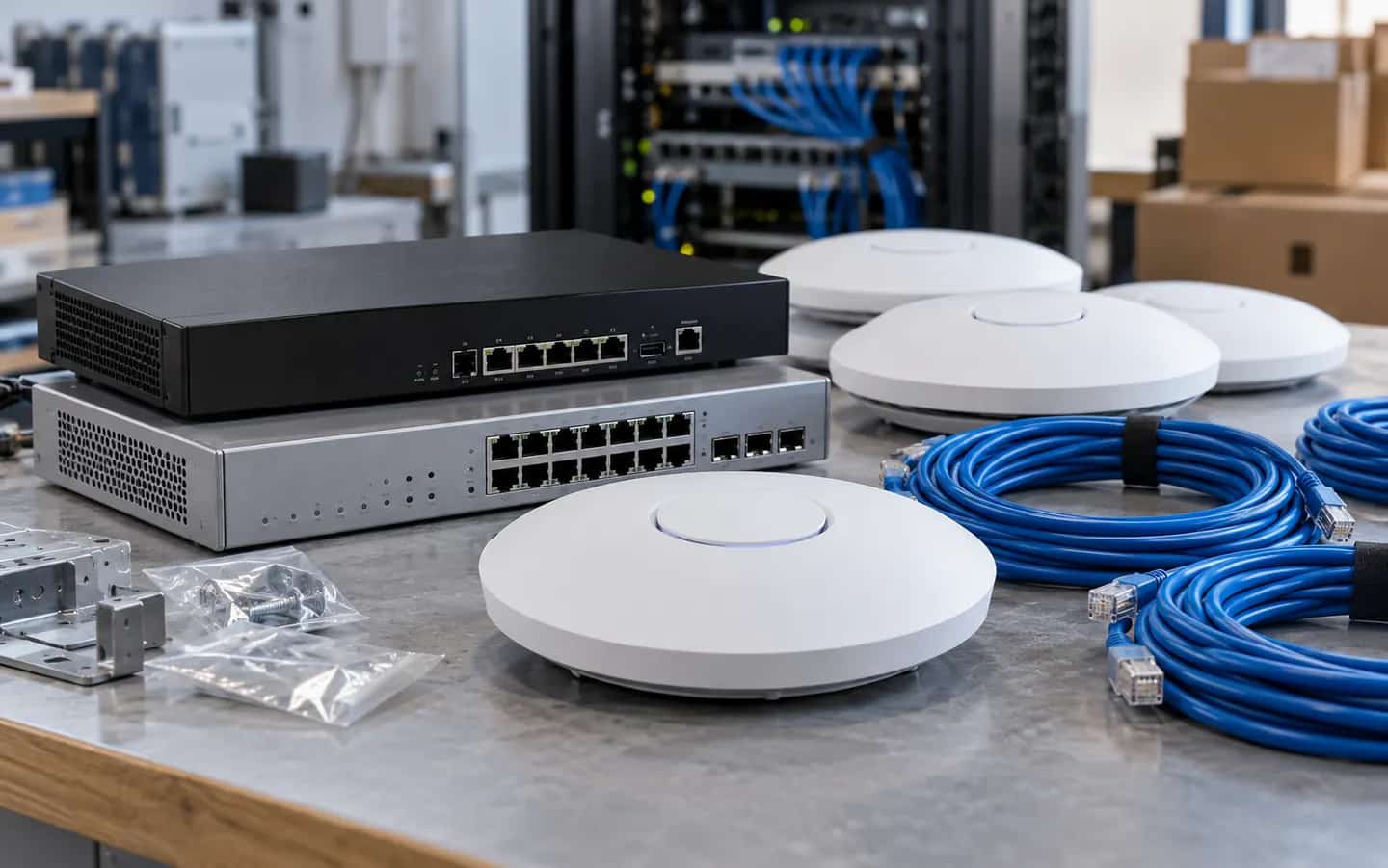 AI-generated illustration of a security gateway, PoE switch and wireless access points