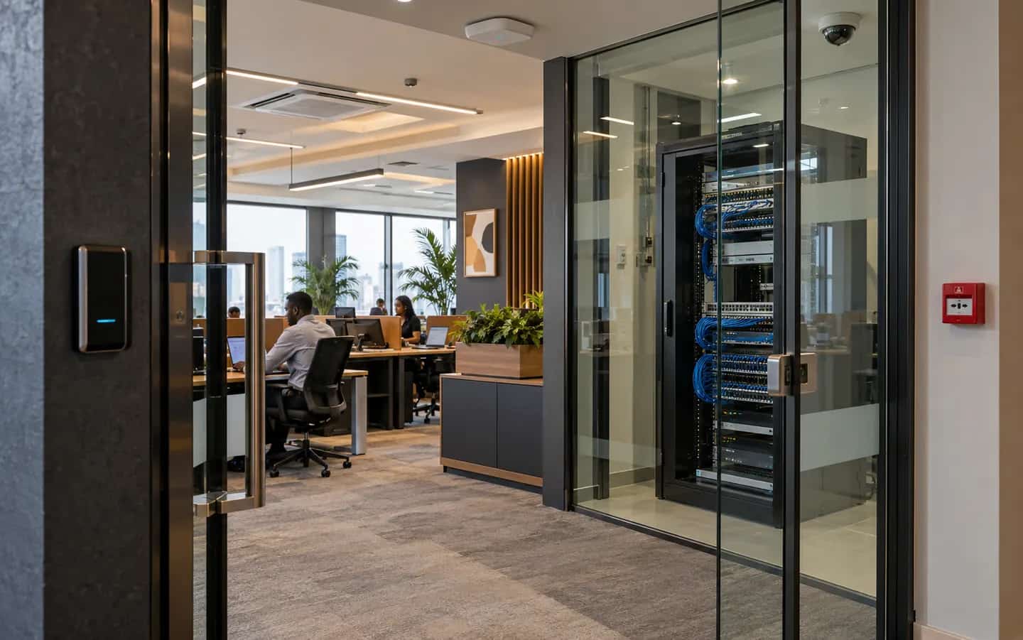 AI-generated illustration of office networking, CCTV and access-control infrastructure