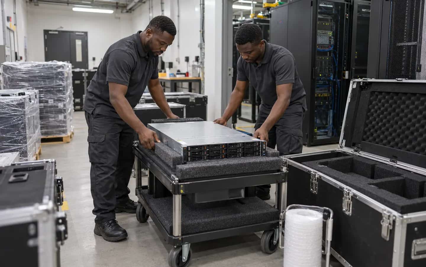 AI-generated illustration of technicians packing a rack server for transport