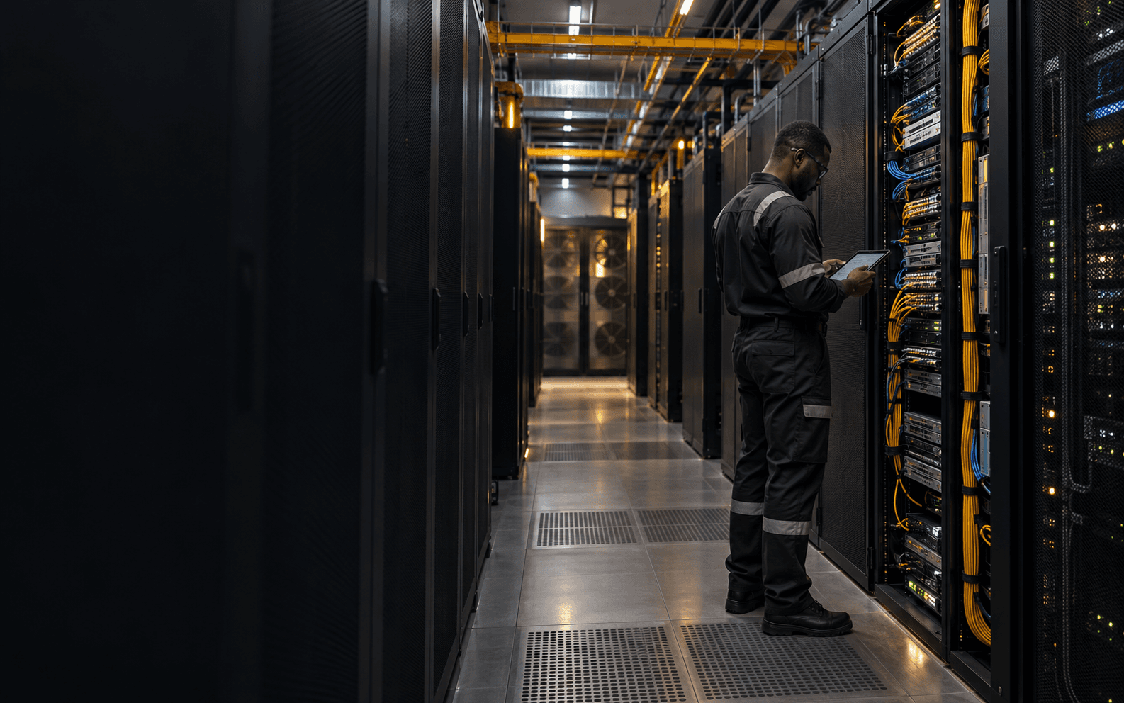 Technician inspecting organised racks and cabling in a data centre