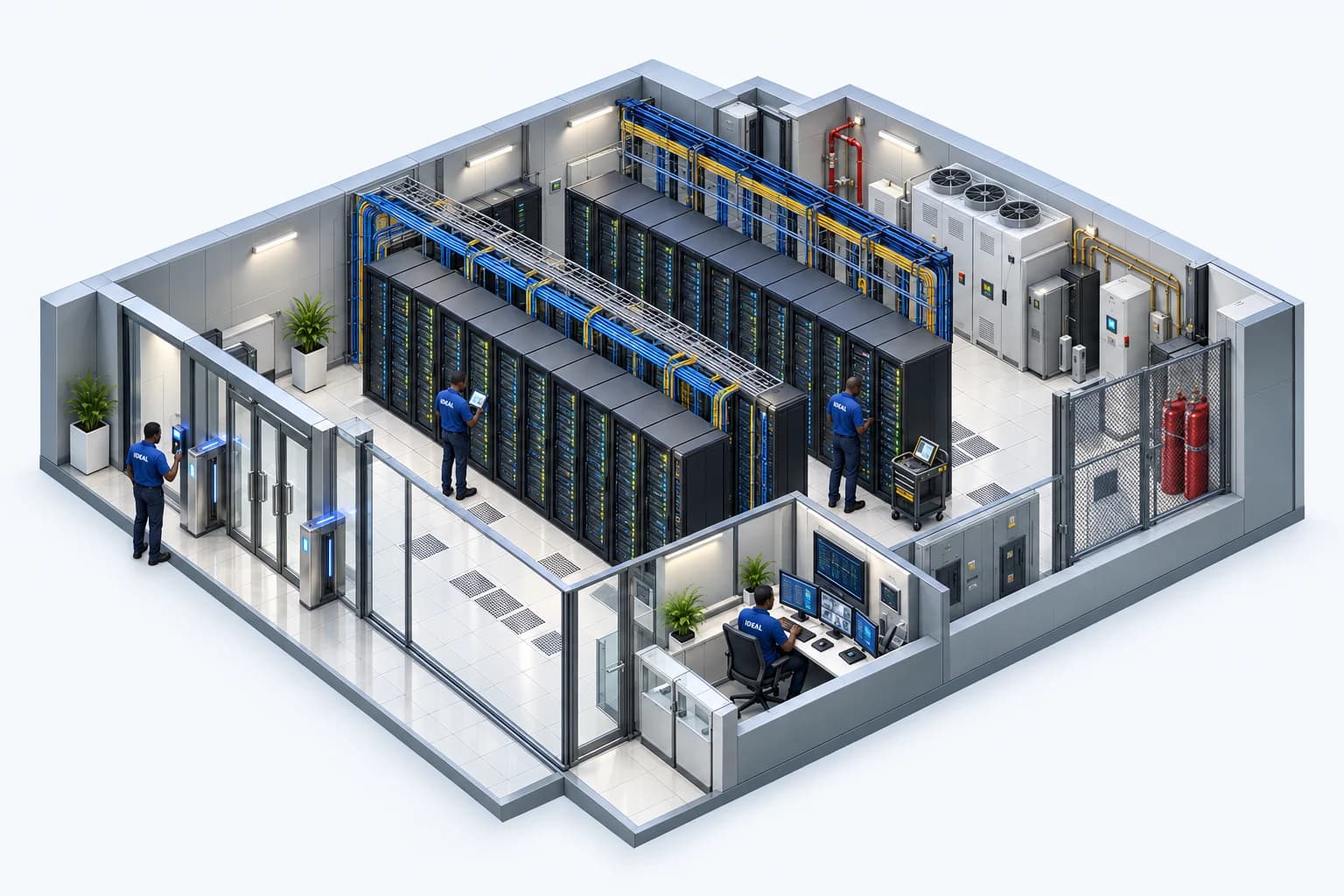 Isometric data centre illustration showing coordinated Ideal Solutions infrastructure execution