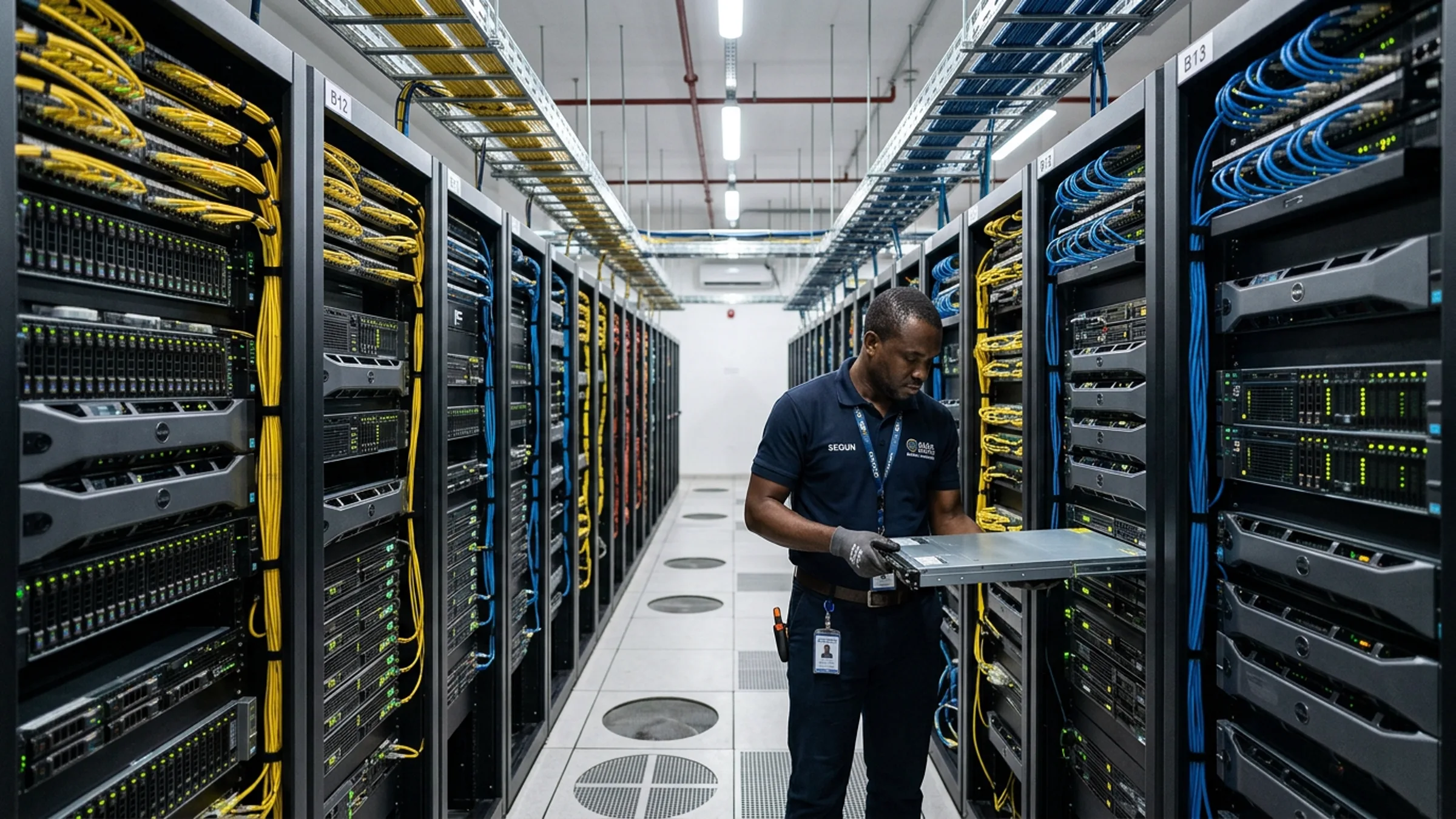 Nigerian data centre engineer carrying out rack-level infrastructure work in an active server aisle