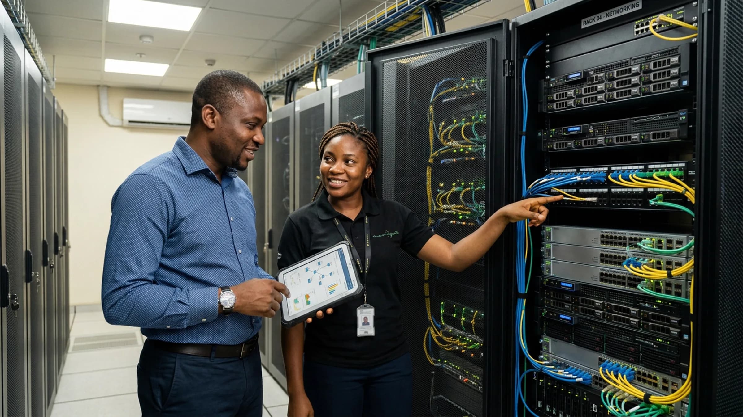 Nigerian IT manager and engineer reviewing active rack infrastructure together in a corporate data room