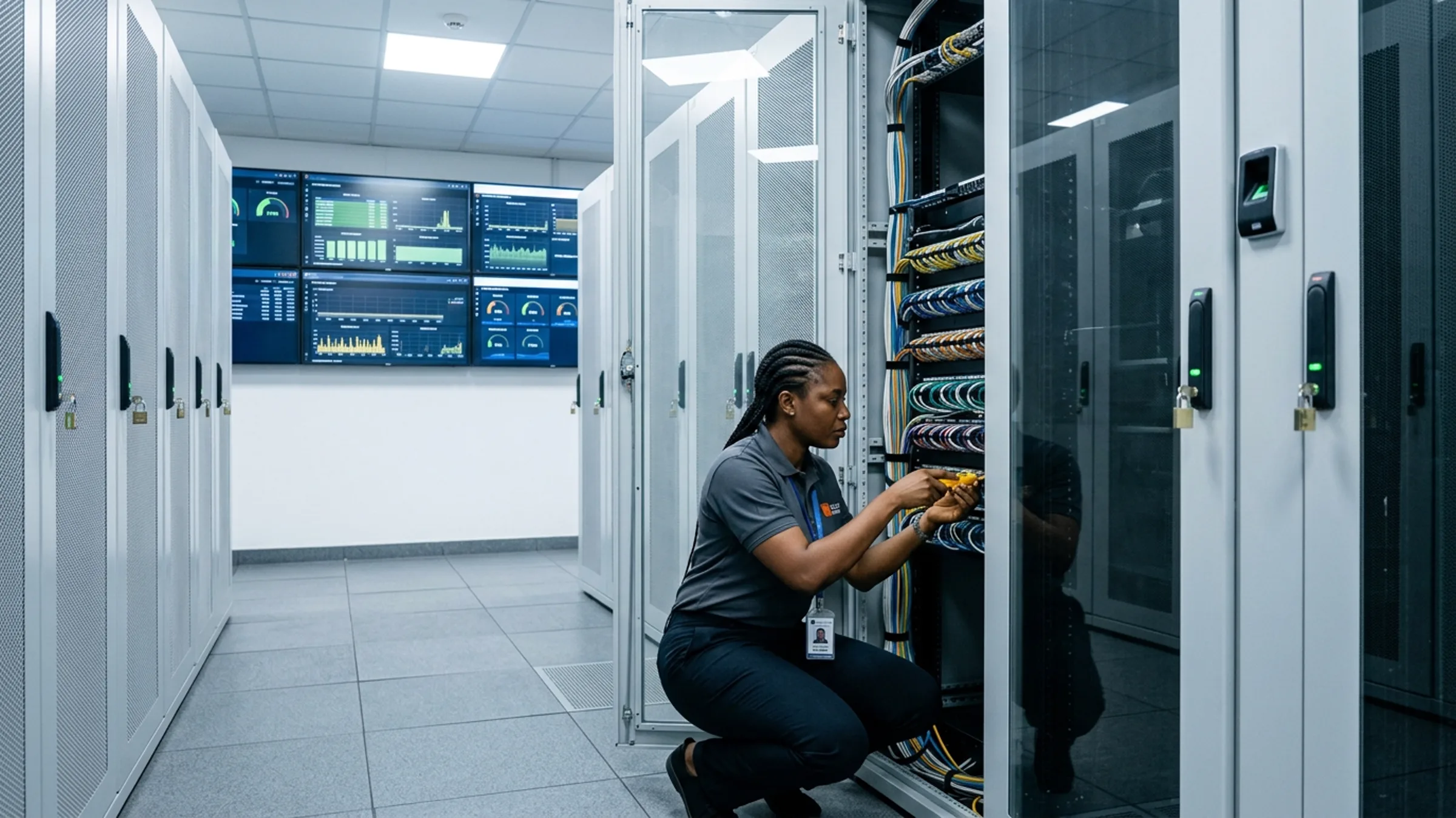 Nigerian female engineer inspecting server rack cabling in a secure financial institution server room
