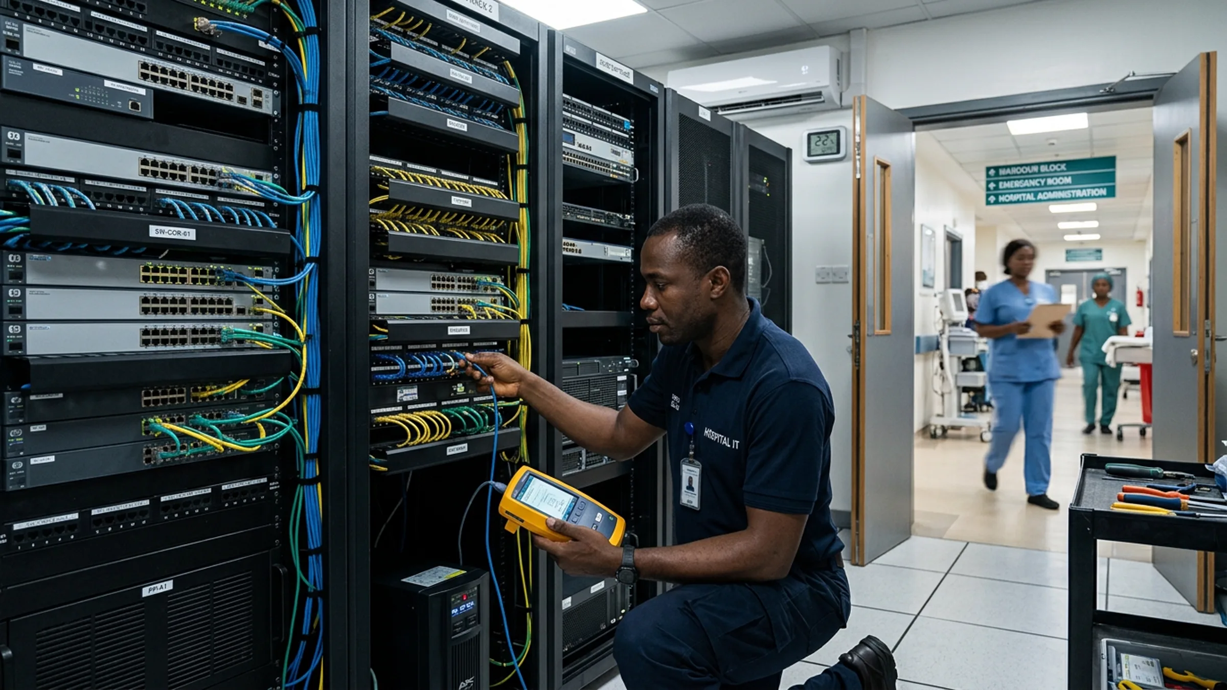 Nigerian IT engineer testing cable connections at a hospital network rack with clinical corridor visible in the background