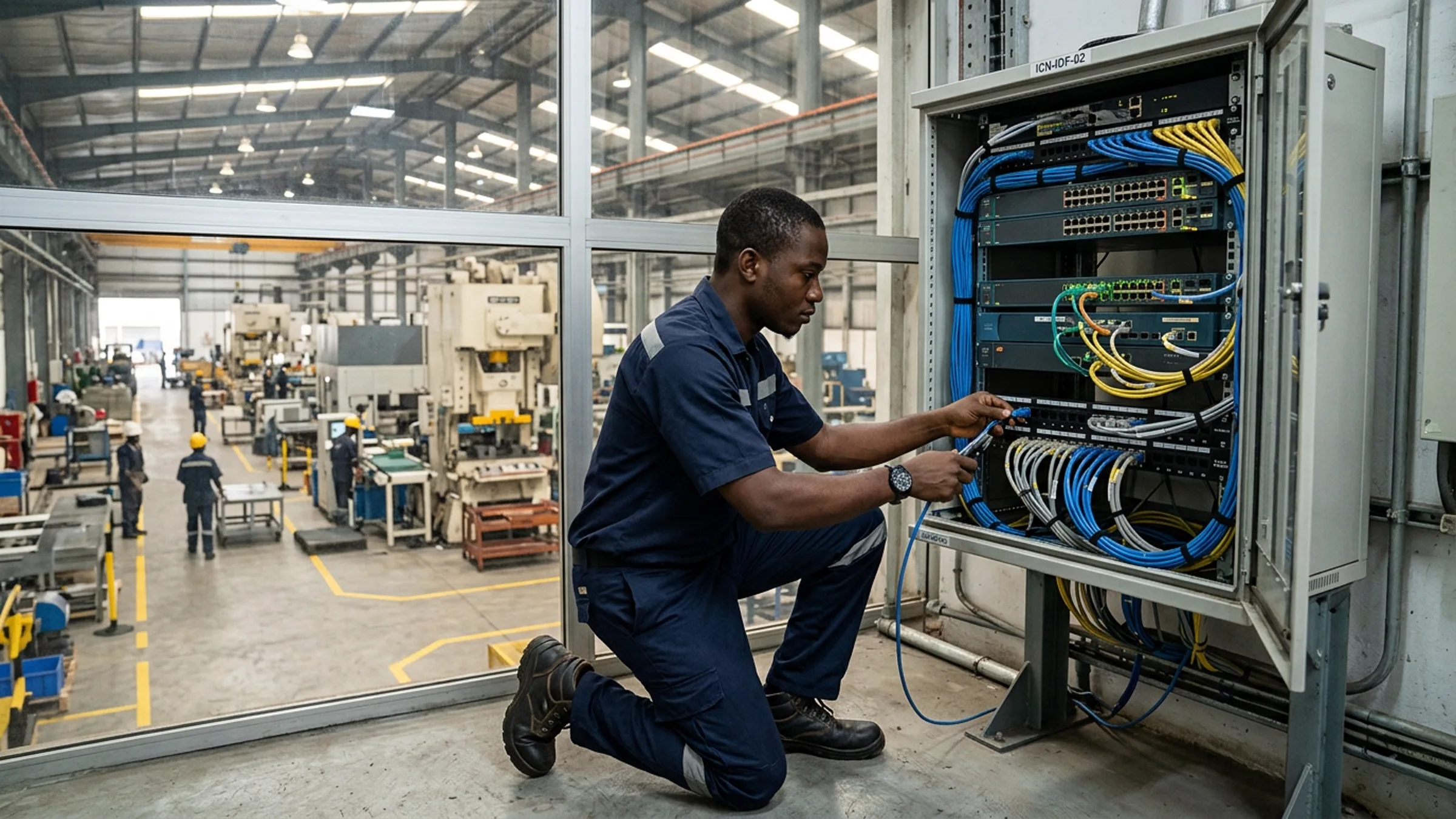 Nigerian engineer working on network cabinet cabling inside a manufacturing facility with production floor visible through glass