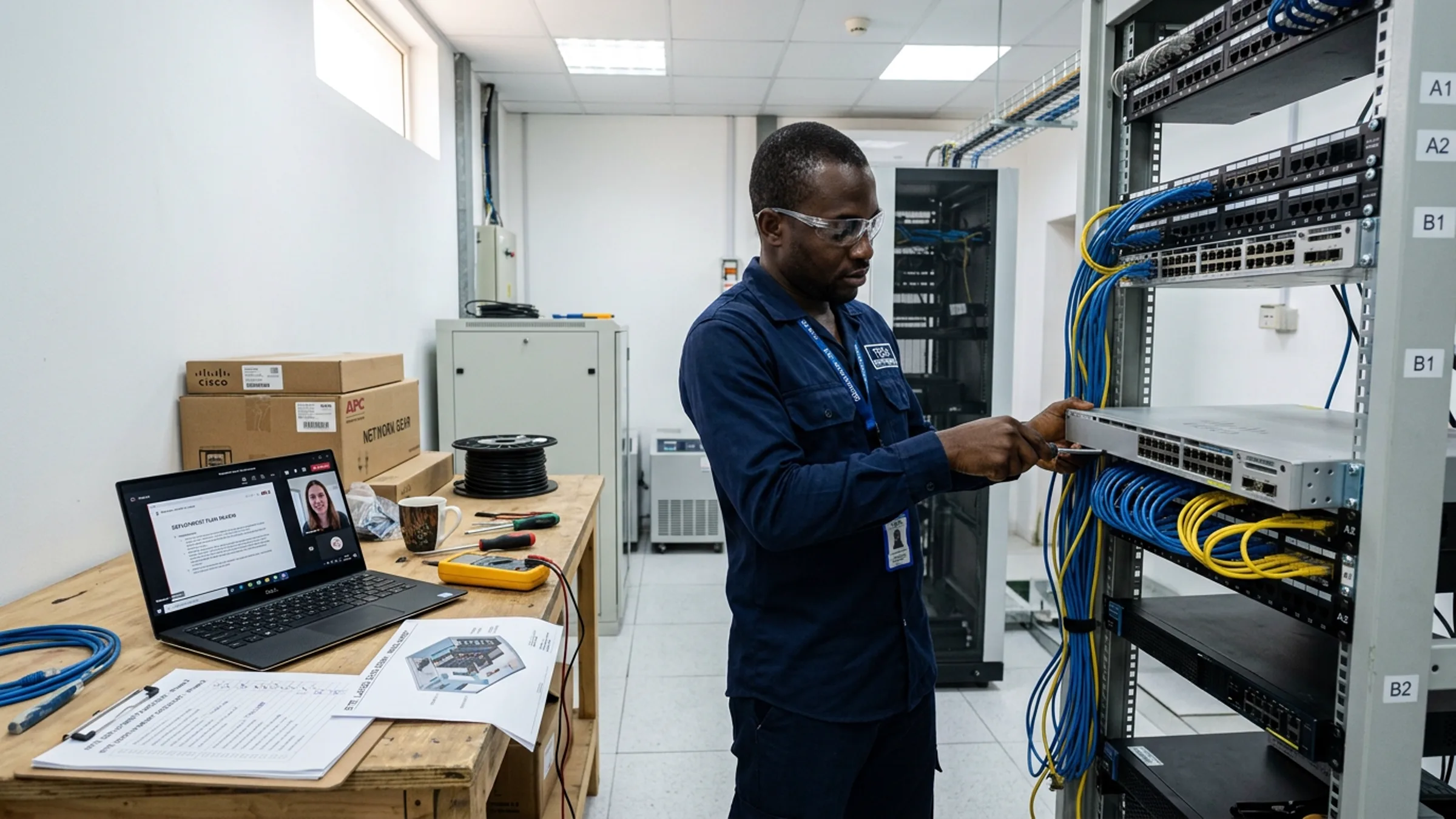 Nigerian engineer installing network equipment into a server rack while collaborating remotely with a project team