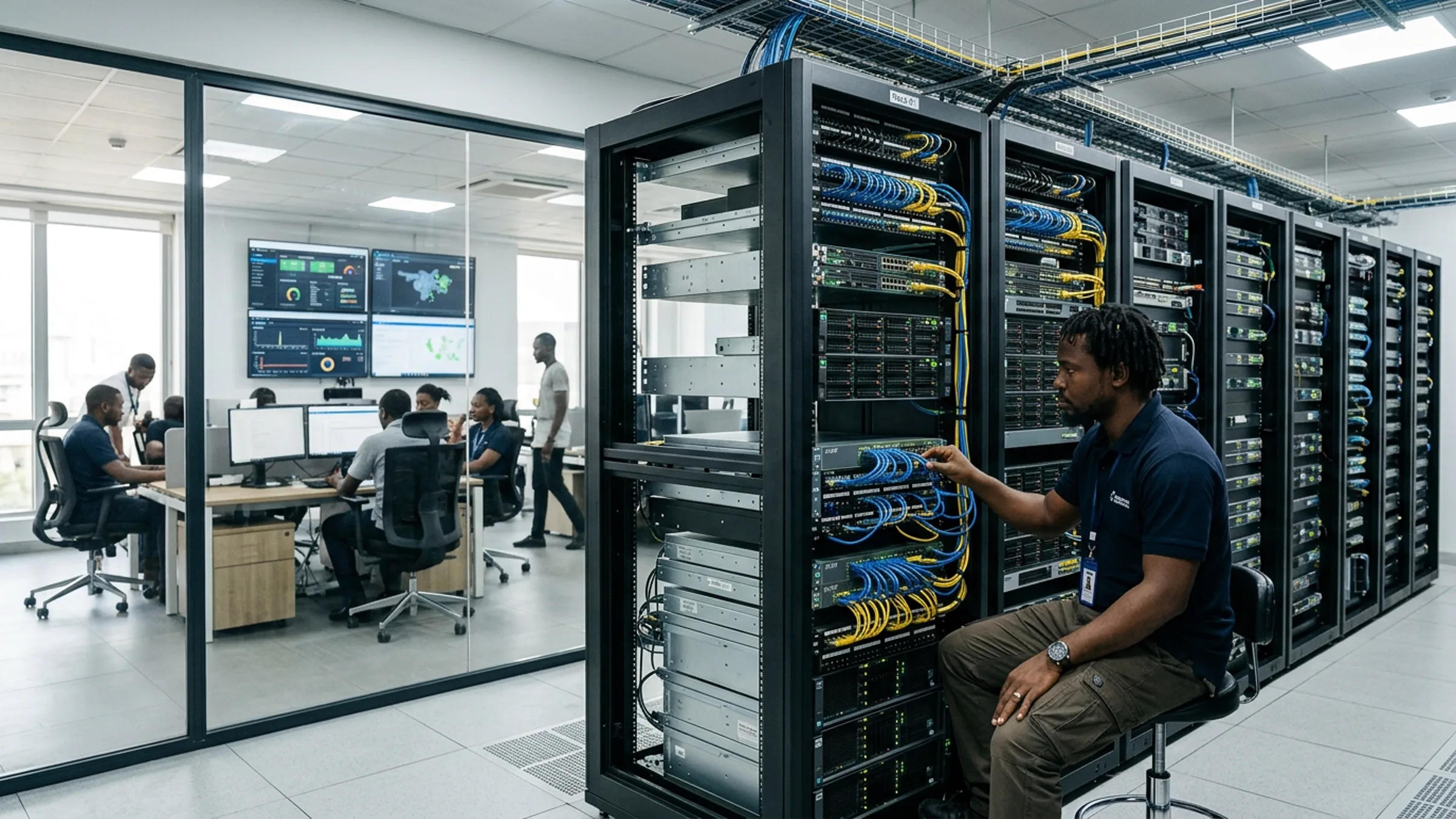 Nigerian engineer connecting network cables at a server rack adjacent to an open-plan technology operations workspace