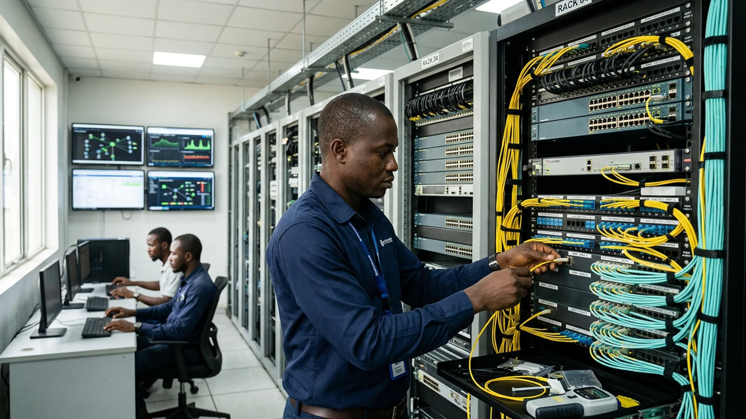 Nigerian network engineer patching fibre cables at an enterprise rack with NOC monitoring screens in the background