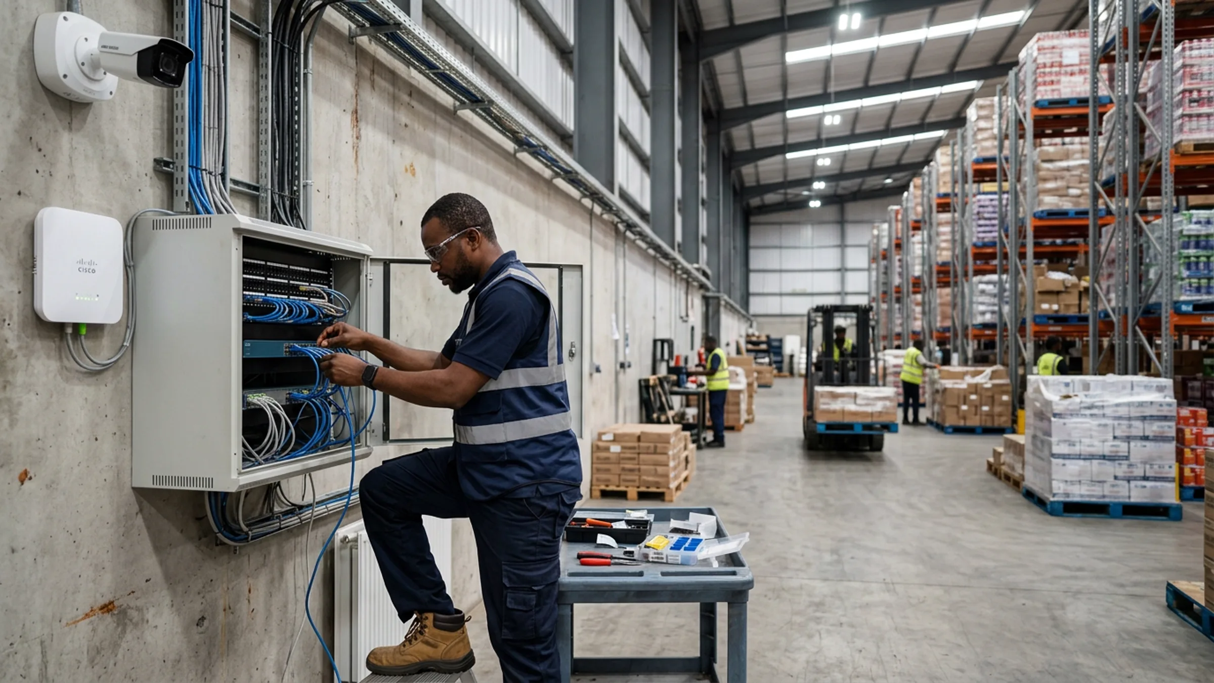 Nigerian technician patching network cables at a wall-mounted communications cabinet in an active warehouse