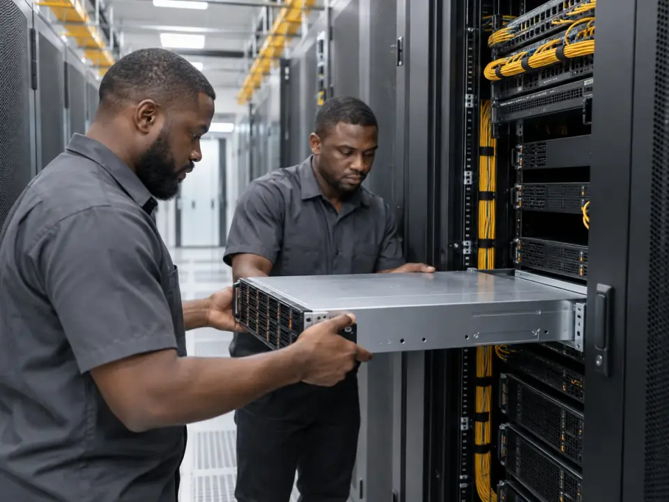 Technicians positioning a server beside an equipment rack