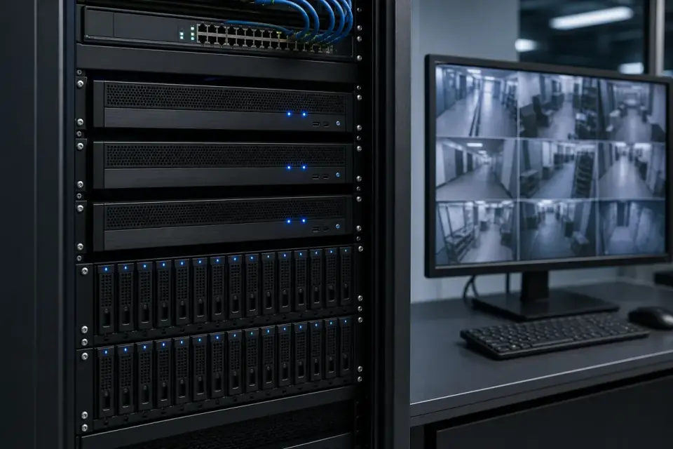 Rack-mounted server and storage equipment beside a monitoring display