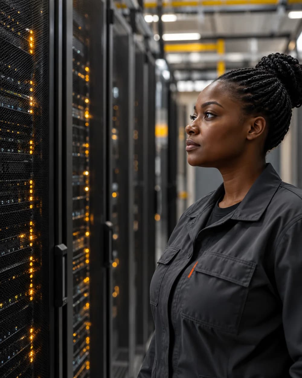 Data centre operations engineer inspecting live server cabinets