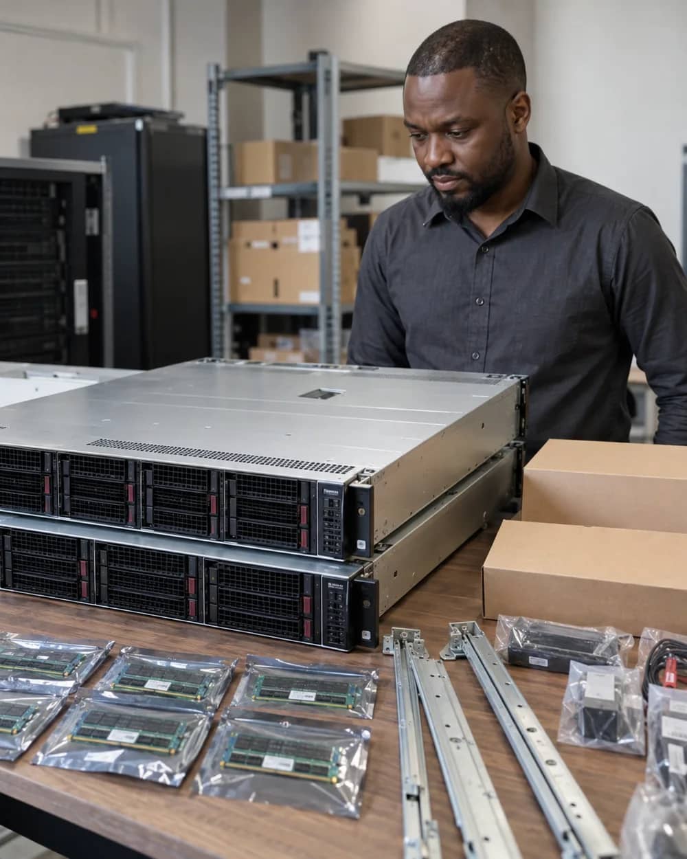 Engineer reviewing enterprise server hardware at an equipment bench