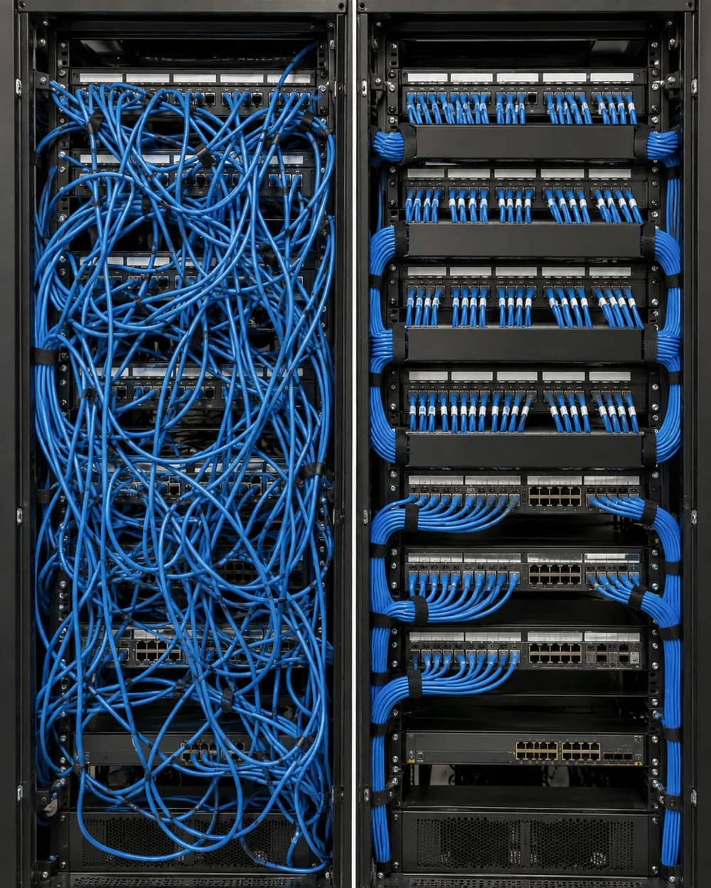 Illustrative comparison of disorganised and structured rack cabling