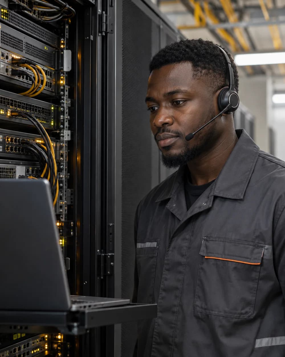 Onsite technician communicating with a remote engineering team beside data centre racks