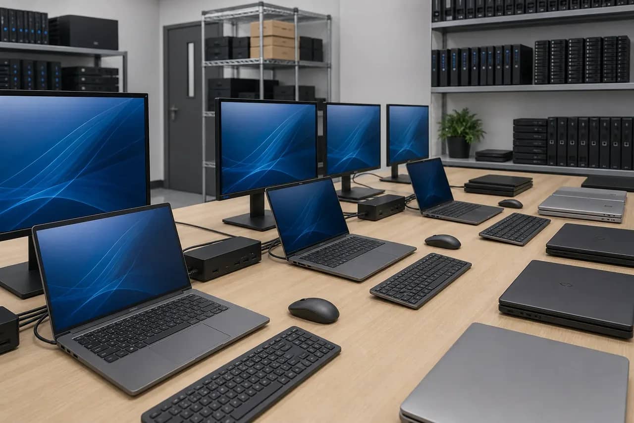 Technician configuring operating system and business software on new office computers