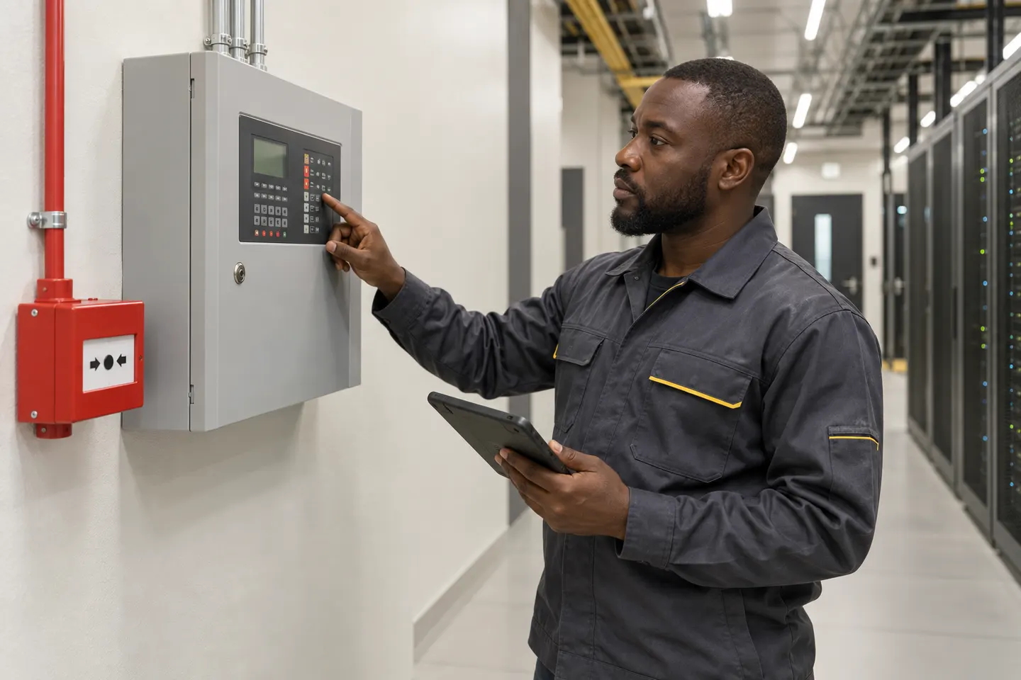 Technician reviewing a wall-mounted fire alarm control panel