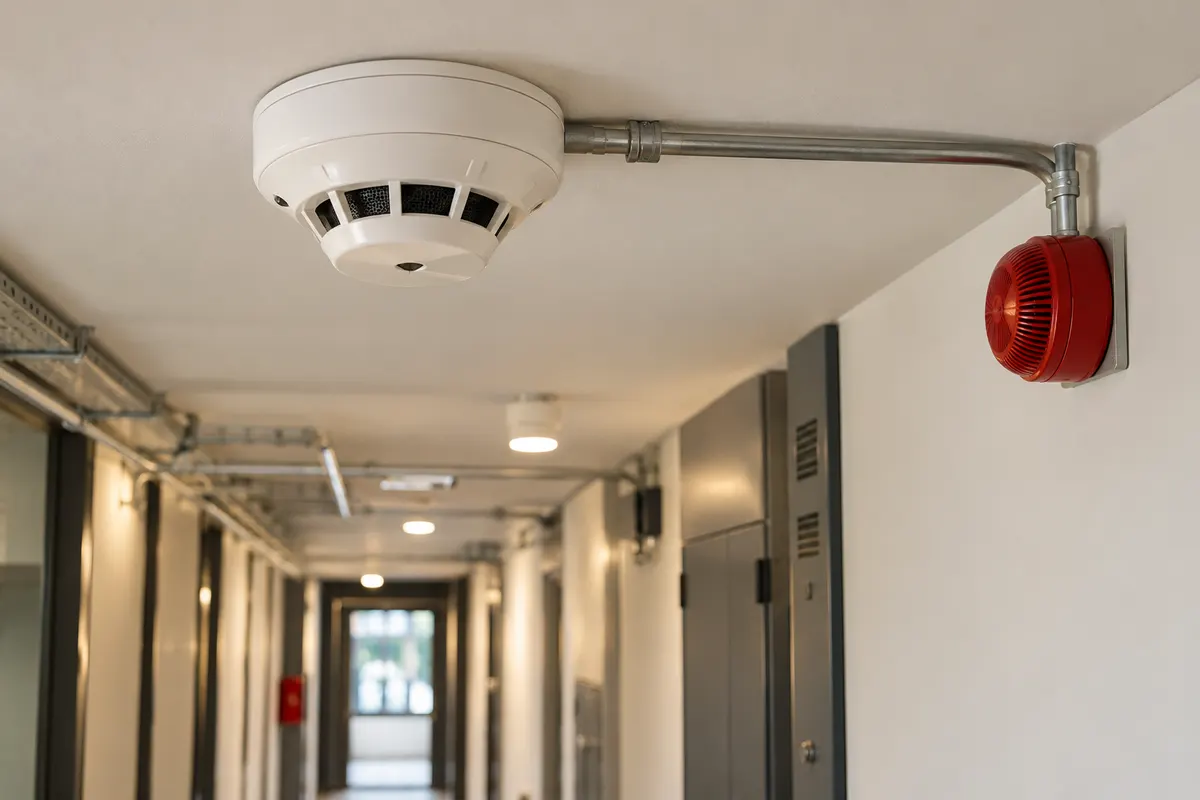 Ceiling-mounted smoke detector and wall-mounted alarm sounder