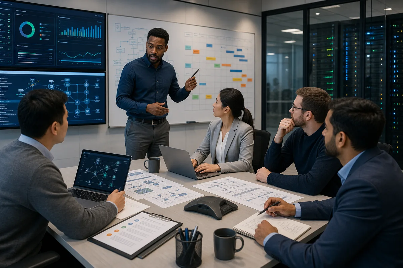 Infrastructure project team reviewing a delivery schedule and network diagrams beside server racks