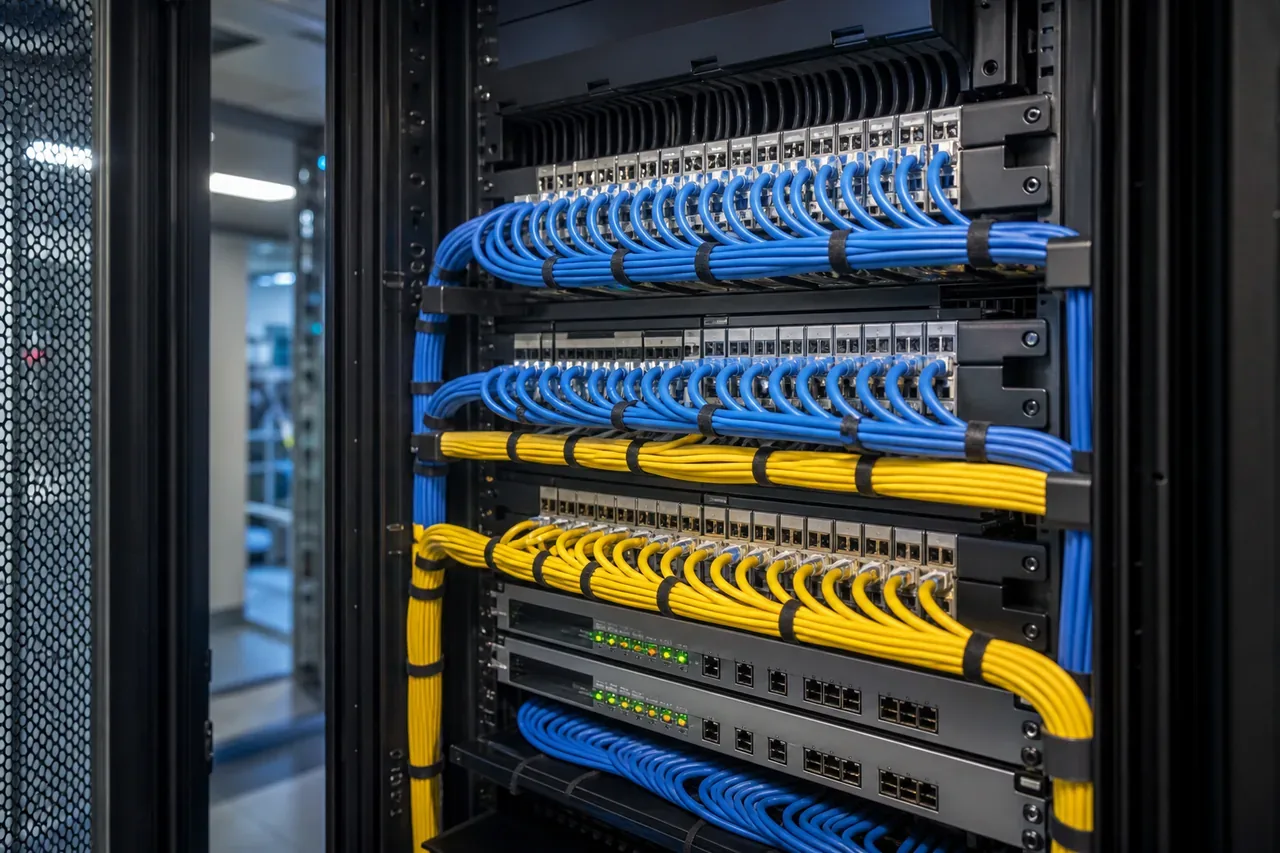 Organised blue and yellow patch cables connecting network switches in a server rack