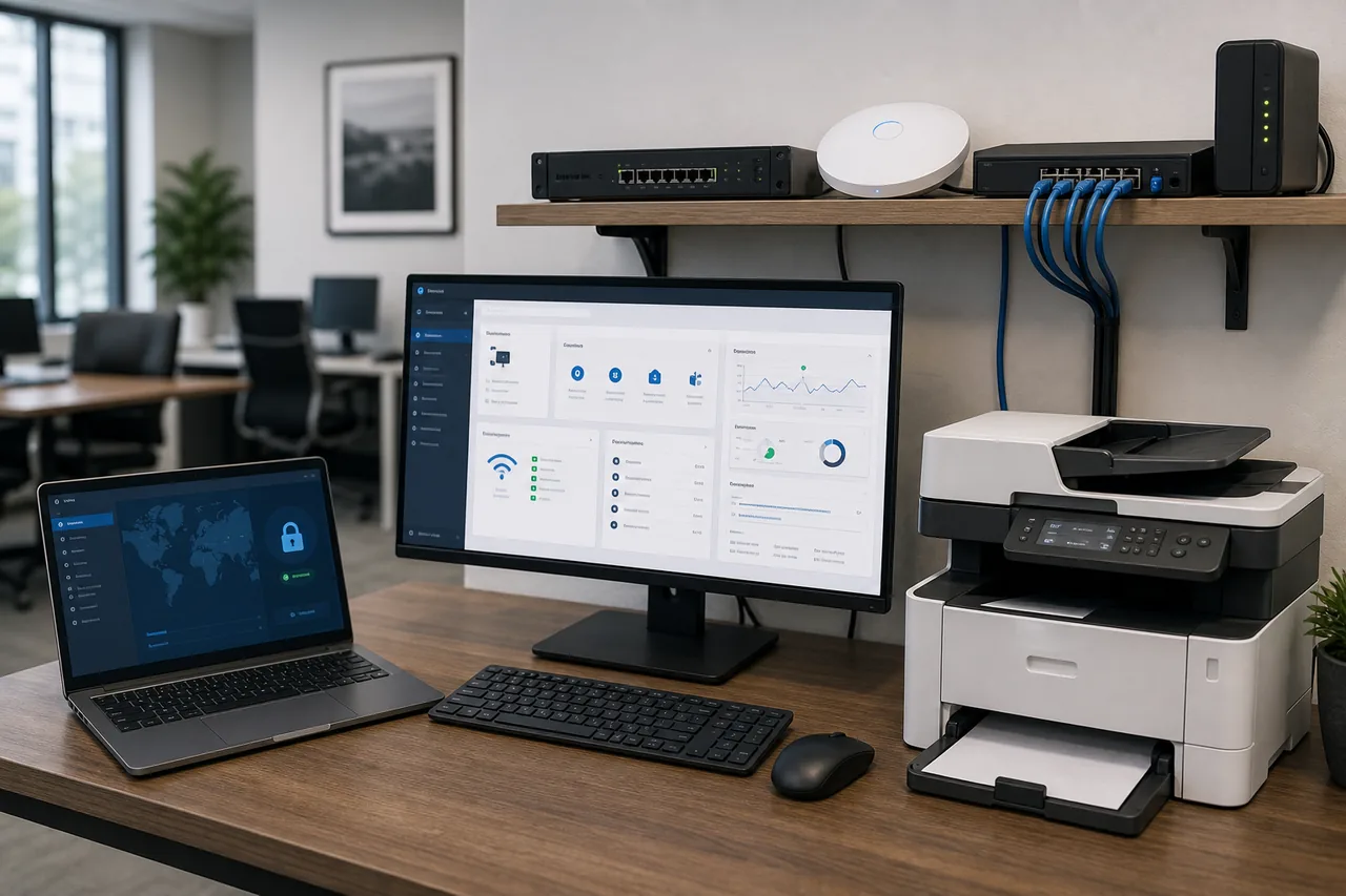 Small business network configuration with firewall WiFi VPN and shared printer setup