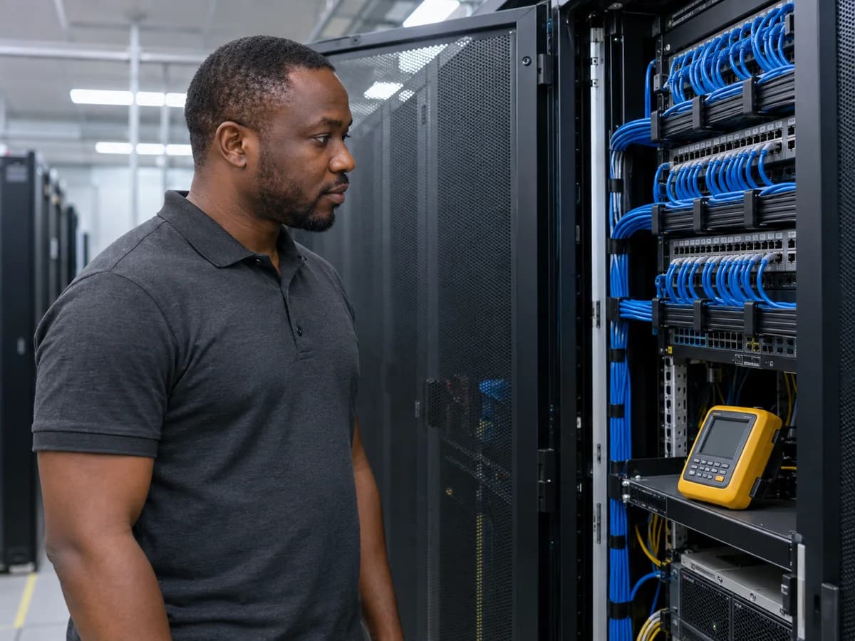 Engineer inspecting server racks and cable organisation during an infrastructure assessment