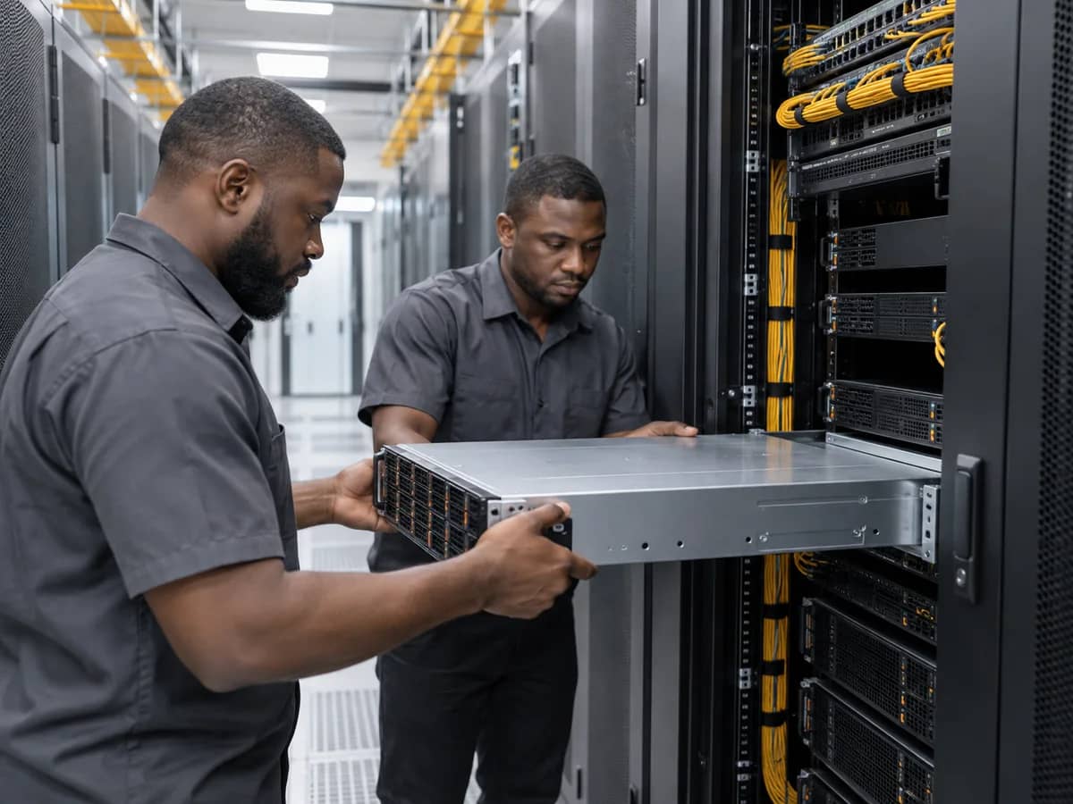 Nigerian engineers installing rack-mounted equipment in a data centre