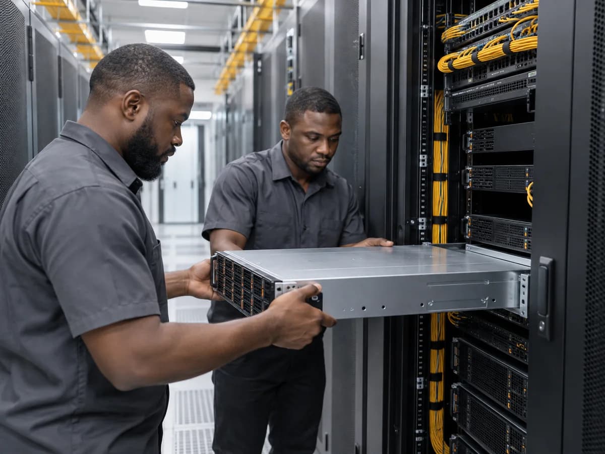 Nigerian engineers installing rack-mounted equipment in a data centre