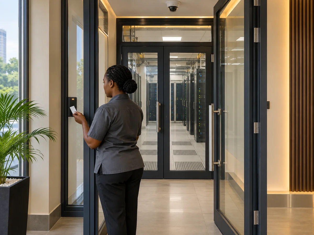 Engineer reviewing secure access to a data centre facility