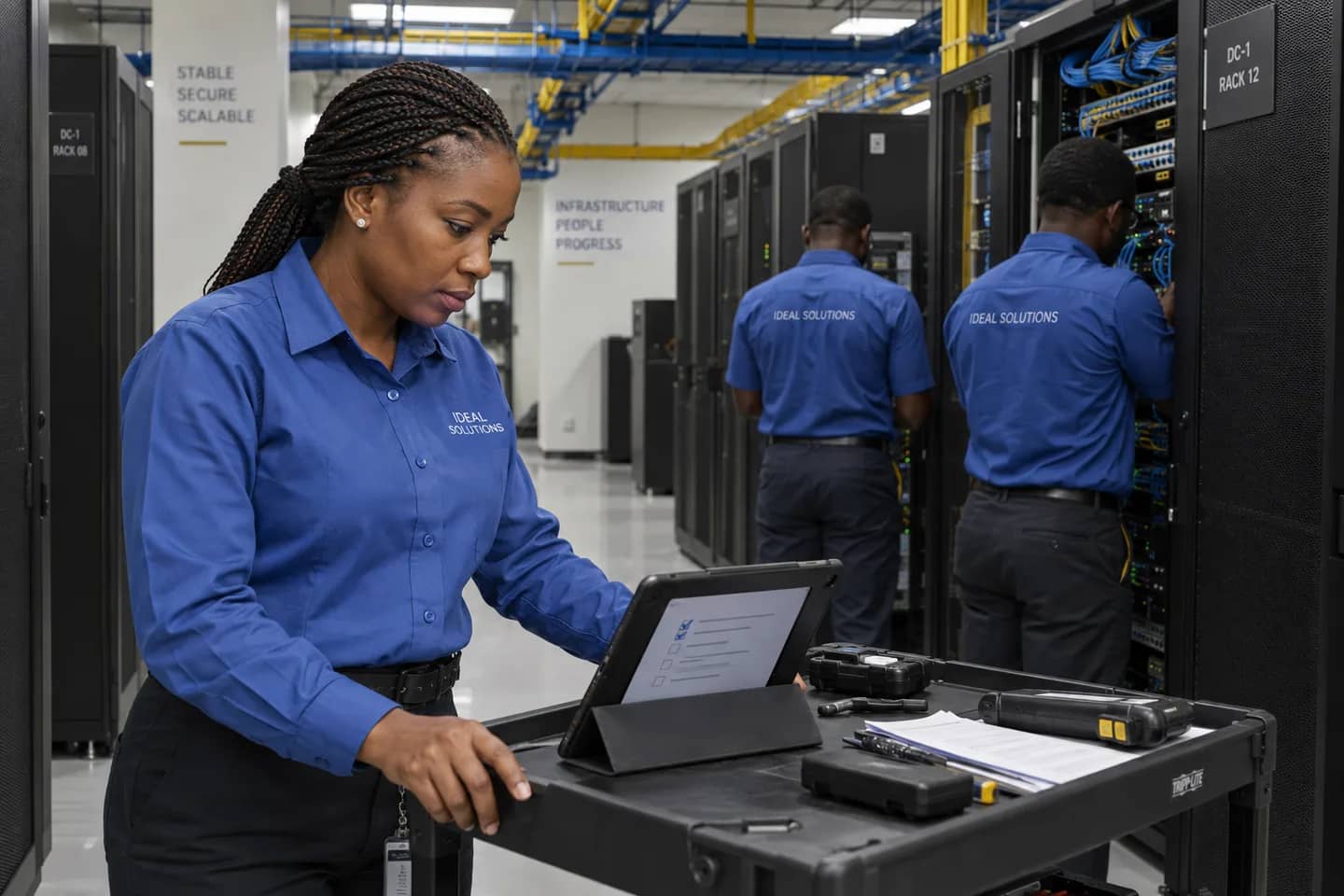 Ideal Solutions project lead reviewing a checklist while technicians work on data centre racks