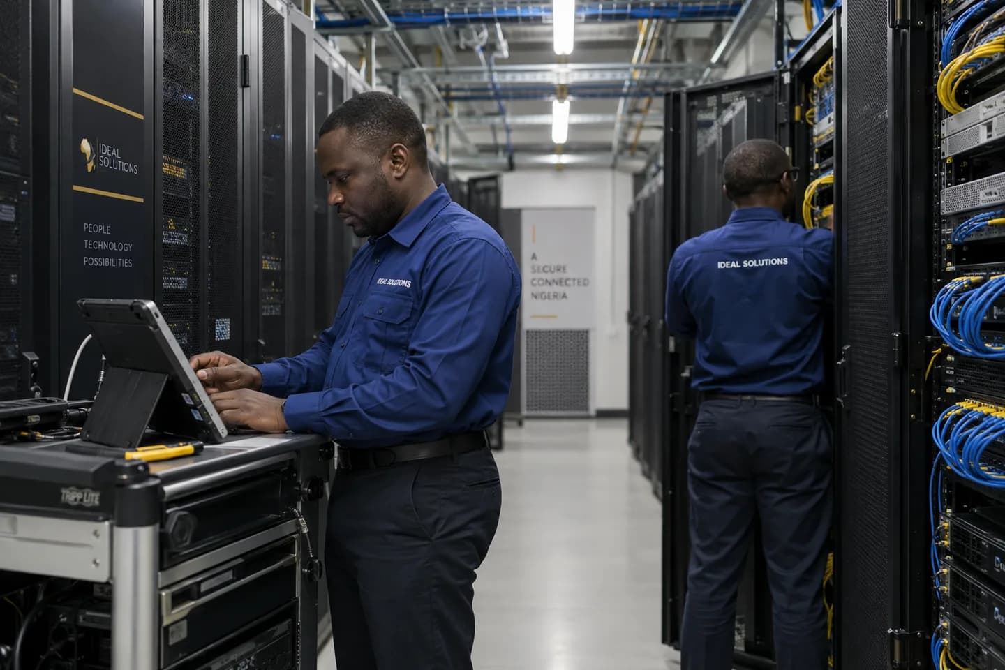 Ideal Solutions engineers checking a tablet and working beside active server racks
