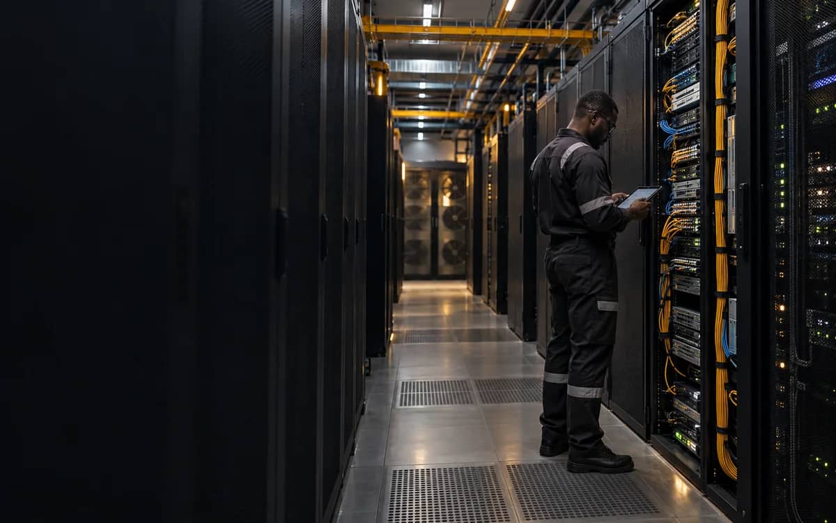 Technical support engineer inspecting infrastructure in a data centre