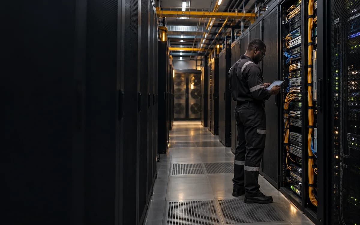Onsite technician checking server equipment with a diagnostic tablet